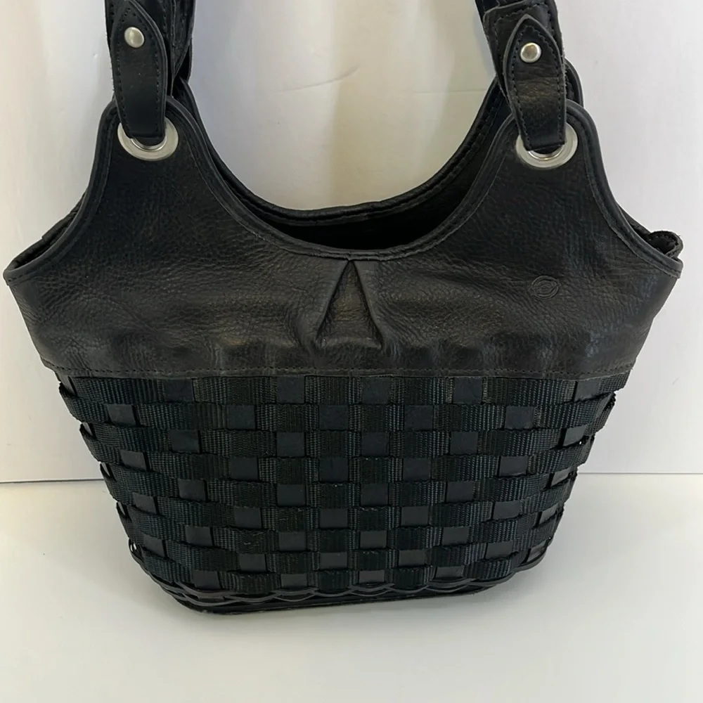 Longaberger Black Leather, Nylon & Wood Basket Weave Purse w/ Silver Tone Trim